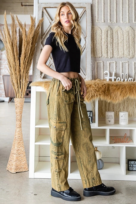 Mineral Washed Drawstring Cargo Pants in washed Light Olive SOLD OUT