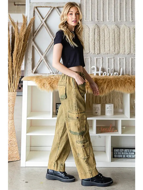 Mineral Washed Drawstring Cargo Pants in washed Light Olive SOLD OUT