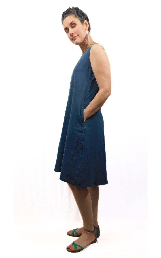 100% LINEN Long Sleeveless Dress w Pockets - Petrol Blue