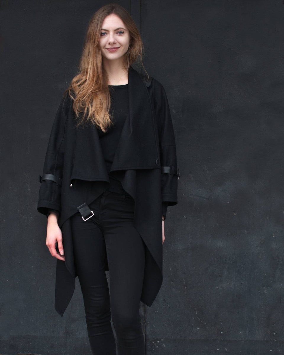 Black Wool Oversized Coat w/wraparound Collar and Leather Details