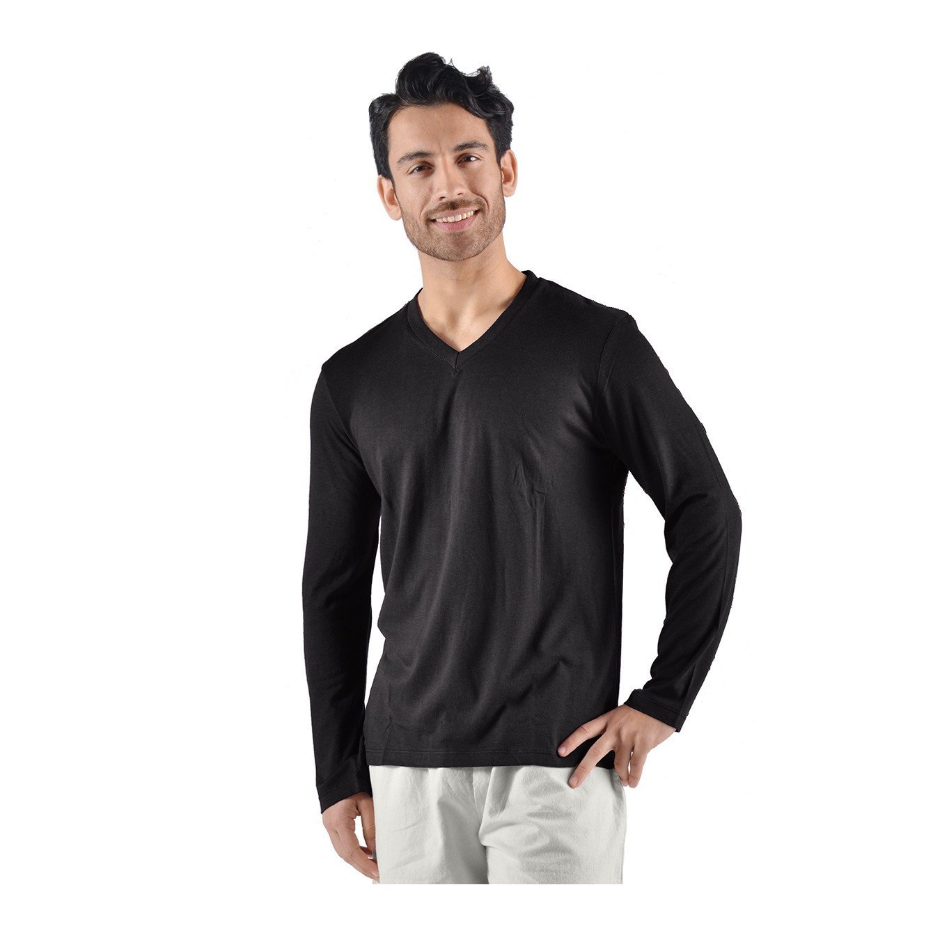 Men's Bamboo/OC Long Sleeve V-Neck T-Shirt M / Black