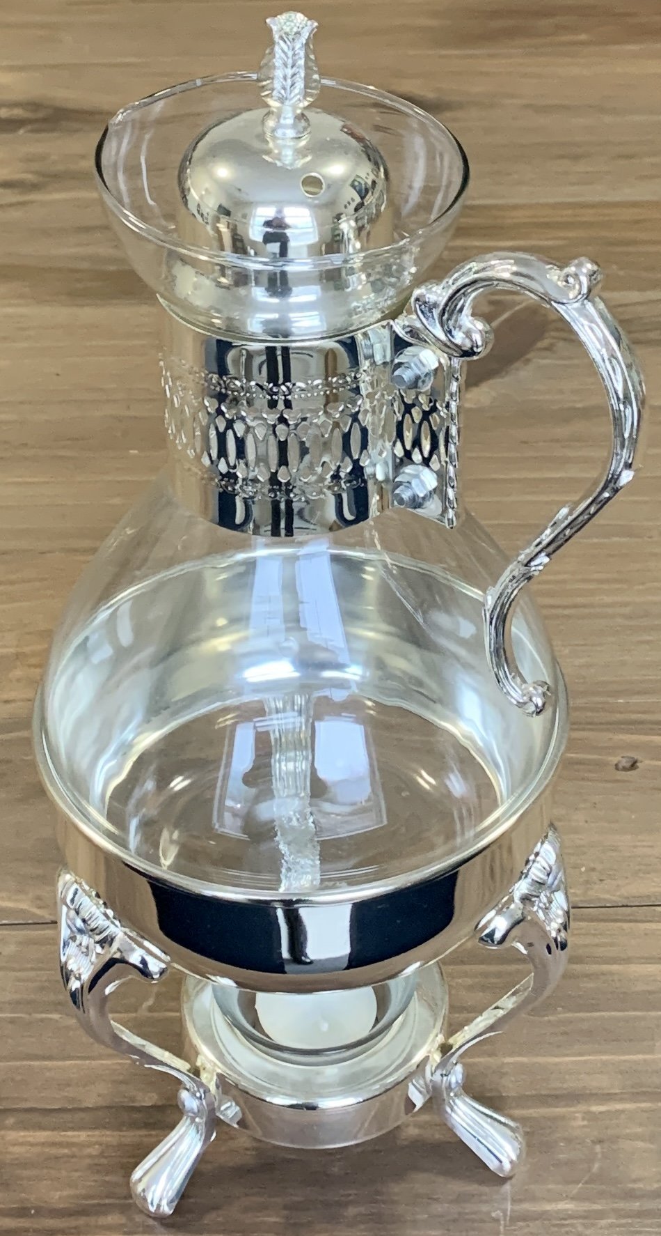 Glass Tea / Coffee Carafe pitcher with Silver plate stand & candle warmer.