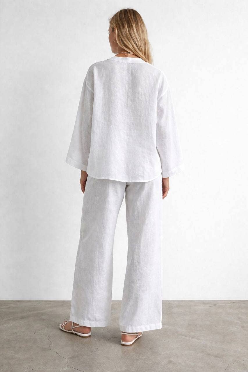 Tie-Front Tunic and Wide-Leg Pant Set in Cotton/Linen Blend