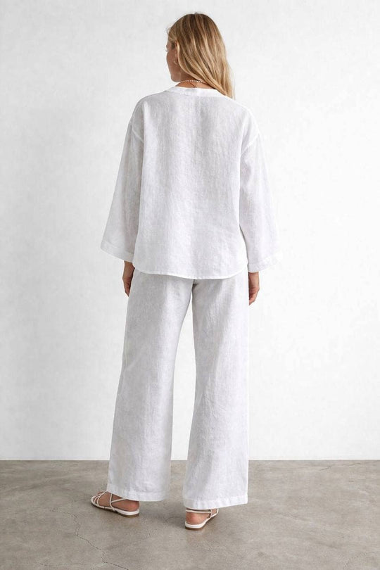 Tie-Front Tunic and Wide-Leg Pant Set in Cotton/Linen Blend