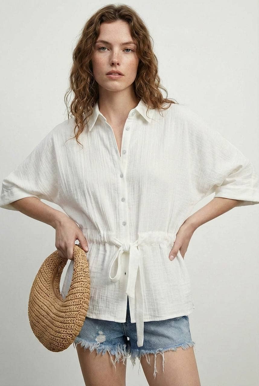 Drawstring Waist Muslin Summer Shirt