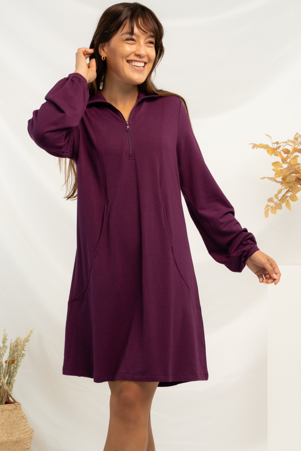 Valentina Balloon Sleeve Bamboo Sweater Dress - Italian Plum