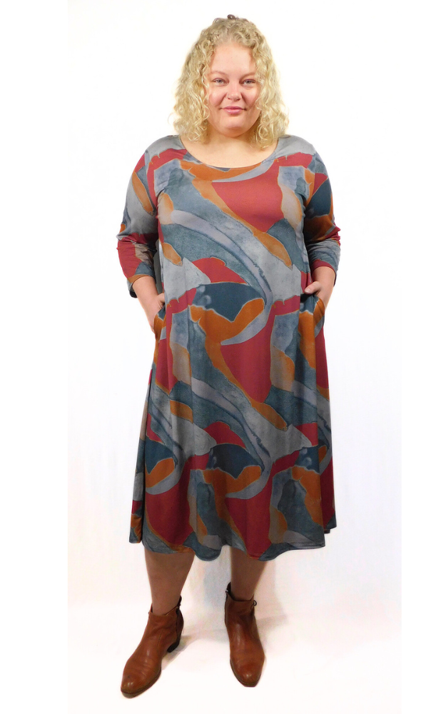 Viscose Print 3/4 Sleeve Long Tunic Dress w Pockets - Fall Print