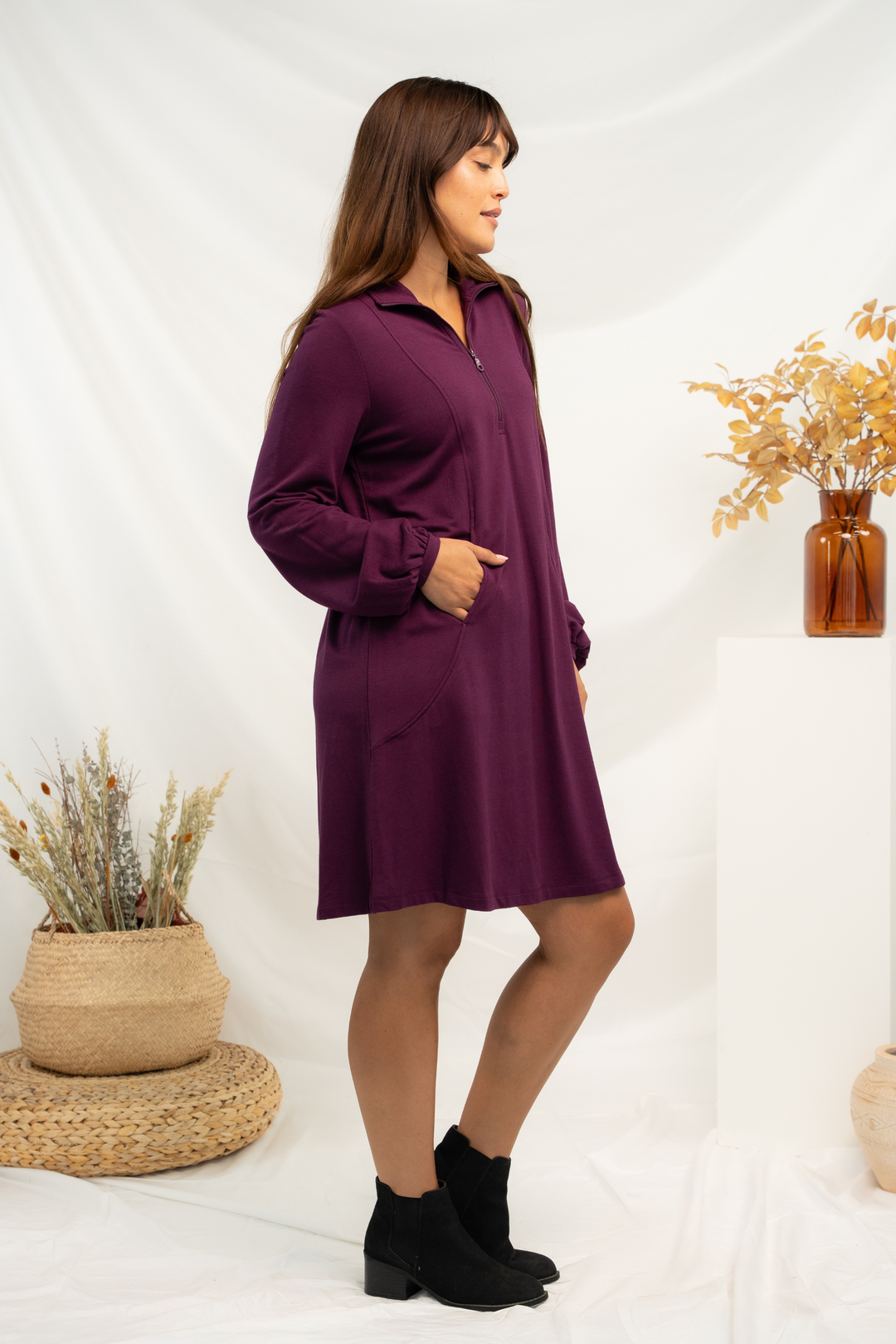 Valentina Balloon Sleeve Bamboo Sweater Dress - Italian Plum