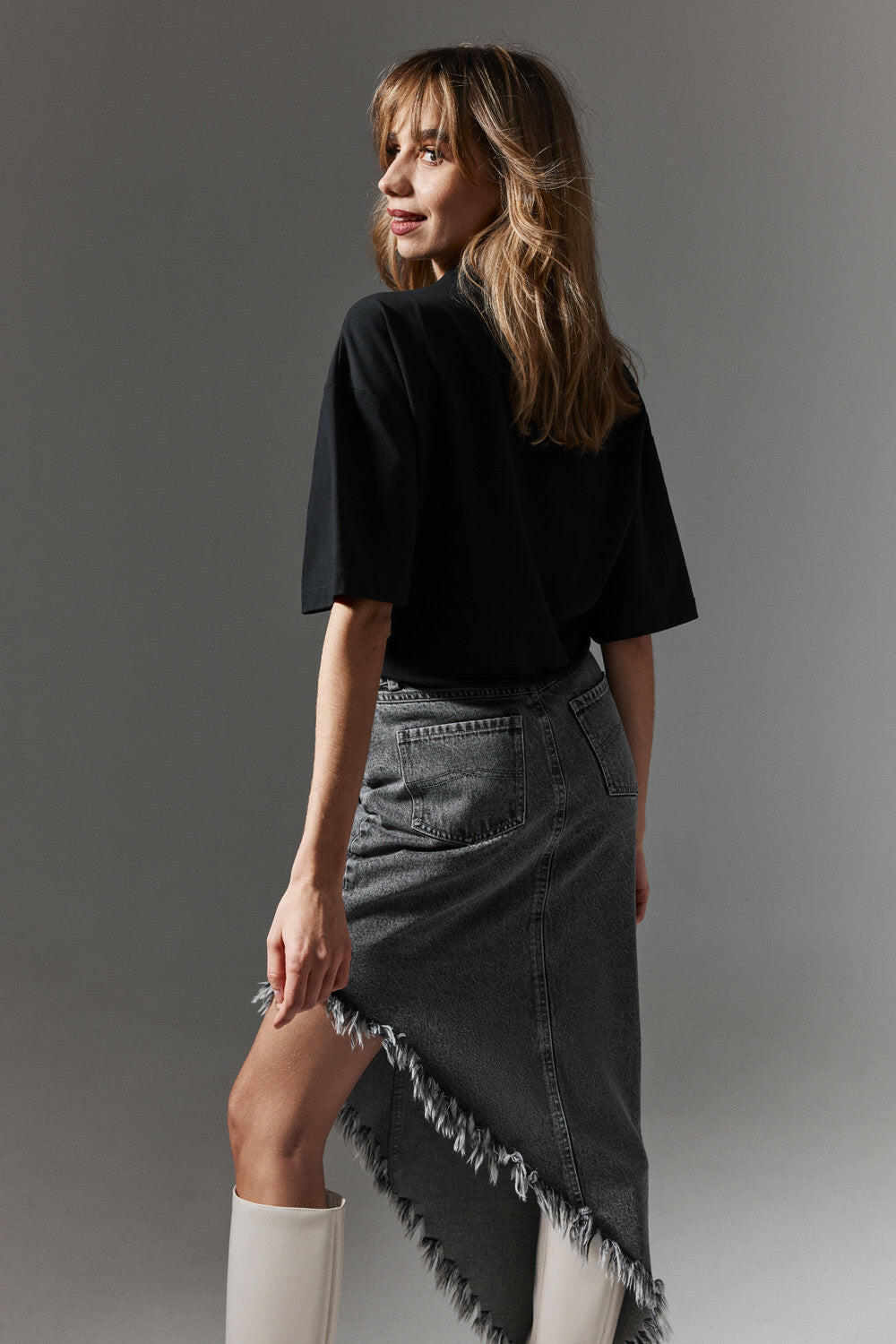 Asymmetric Frayed Denim Skirt in Cotton