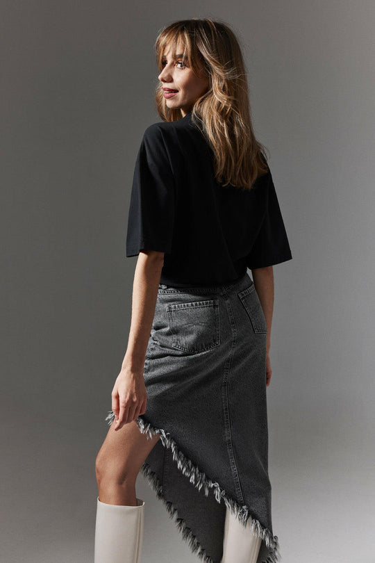 Asymmetric Frayed Denim Skirt in Cotton