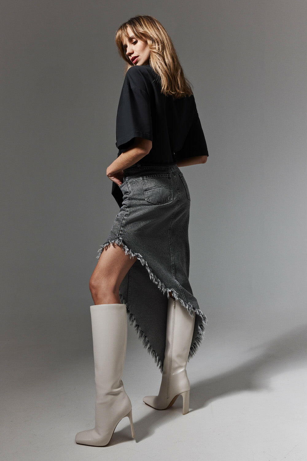 Asymmetric Frayed Denim Skirt in Cotton