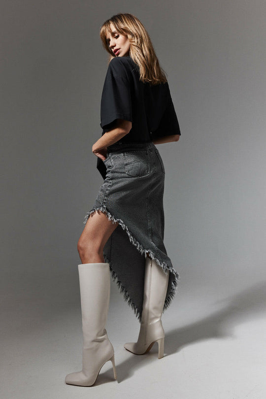 Asymmetric Frayed Denim Skirt in Cotton