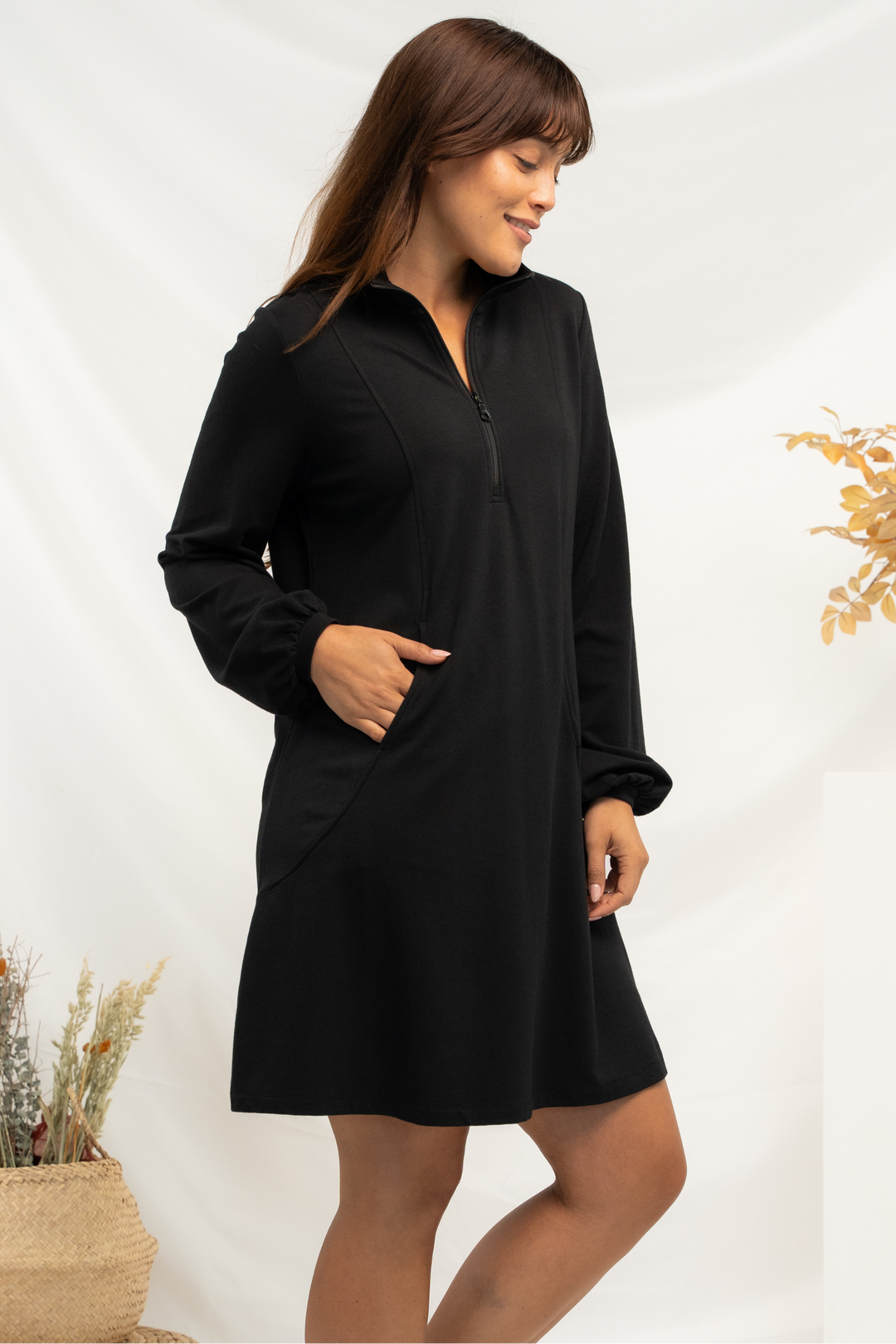 Valentina Balloon Sleeve Bamboo Sweater Dress - Black