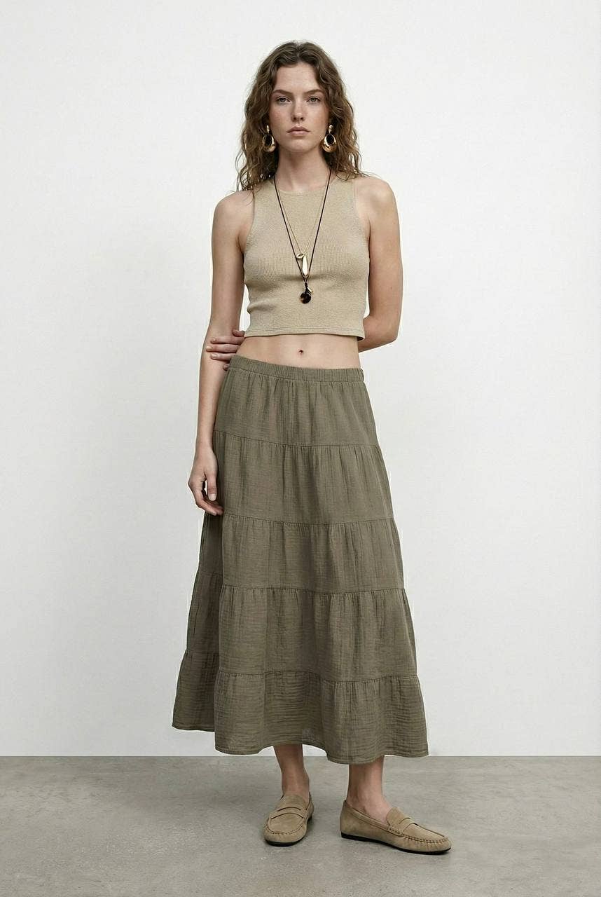 Tiered Cotton Maxi Skirt in Olivine Green