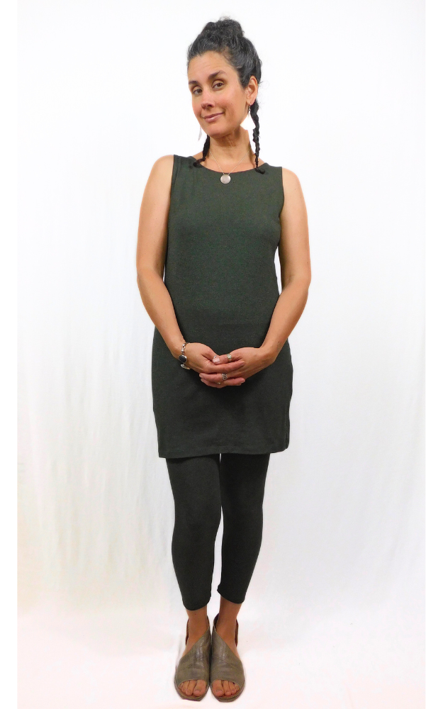 Bamboo Long Crew Slim Tunic Dress in Forest Green
