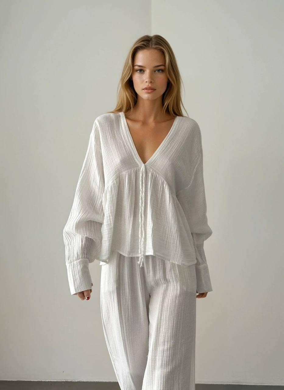 V-neck Muslin Relaxed Top with Romantic Long Sleeves
