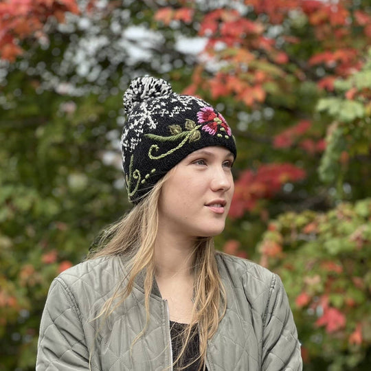 Eleanor Beanie Hat with Embroidered Floral Detail
