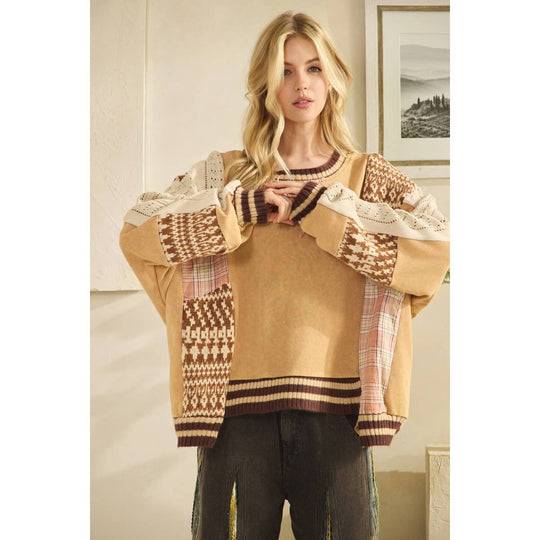 Mineral Washed - Mixed Media Oversized Cotton Knit Top
