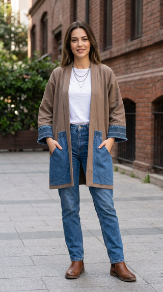 Linen Kimono with Denim Details