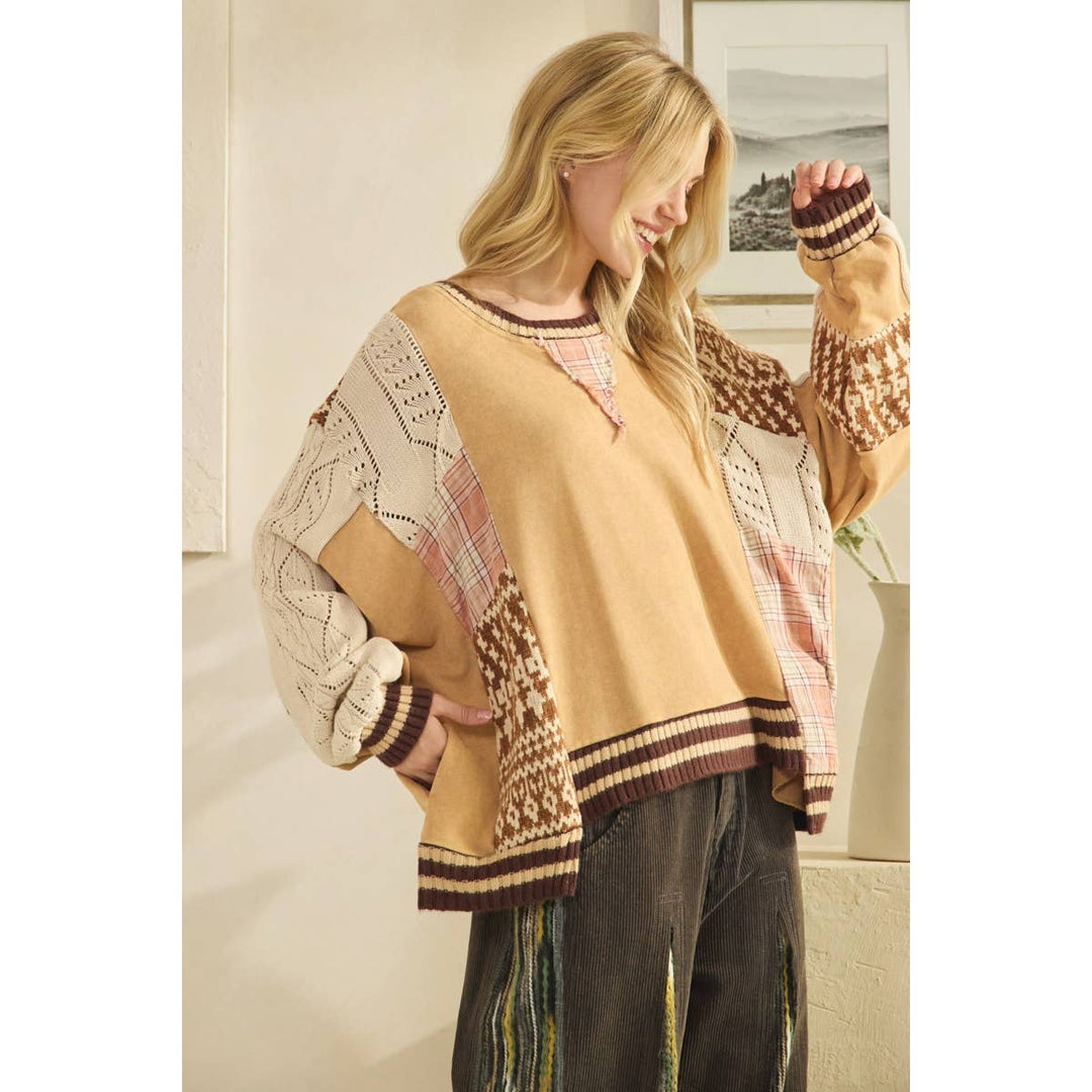 Mineral Washed - Mixed Media Oversized Cotton Knit Top