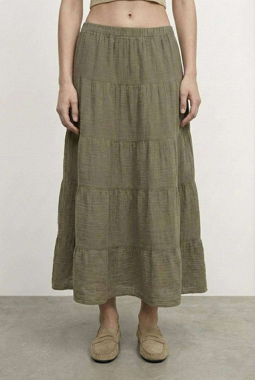 Tiered Cotton Maxi Skirt in Olivine Green