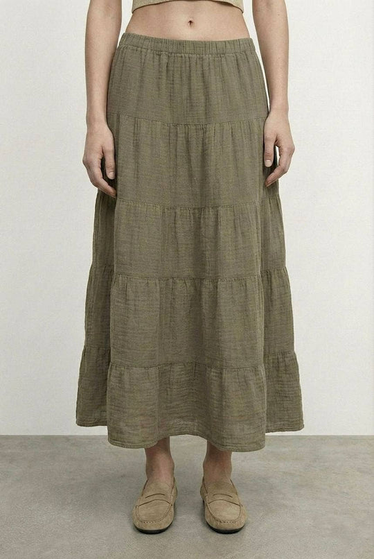 Tiered Cotton Maxi Skirt in Olivine Green