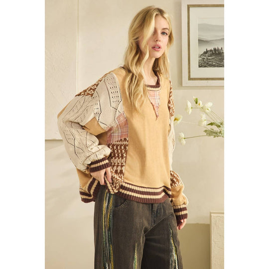 Mineral Washed - Mixed Media Oversized Cotton Knit Top