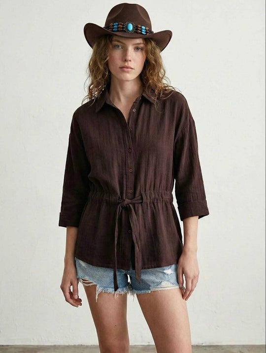 Drawstring Waist Muslin Summer Shirt