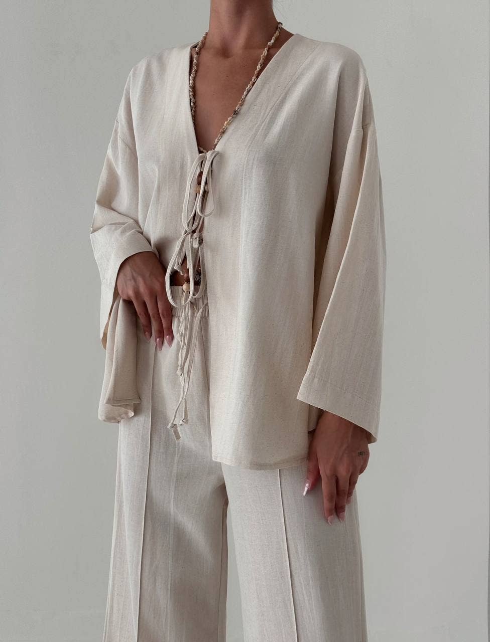 Tie-Front Tunic and Wide-Leg Pant Set in Cotton/Linen Blend