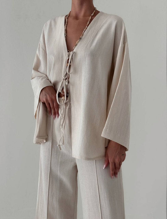 Tie-Front Tunic and Wide-Leg Pant Set in Cotton/Linen Blend