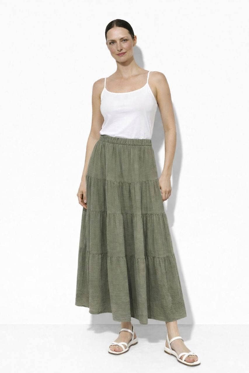 Tiered Cotton Maxi Skirt in Olivine Green