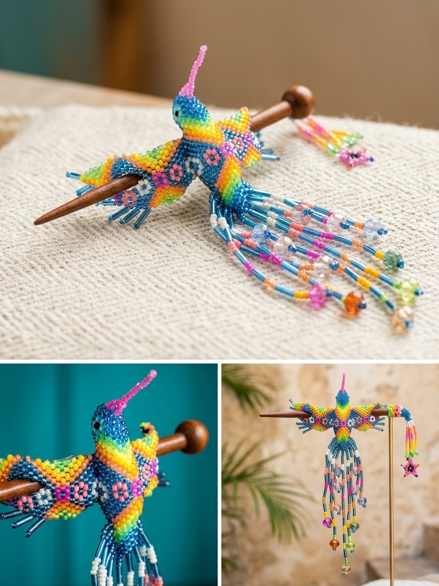 Blue Hummingbird Beaded Hair Stick