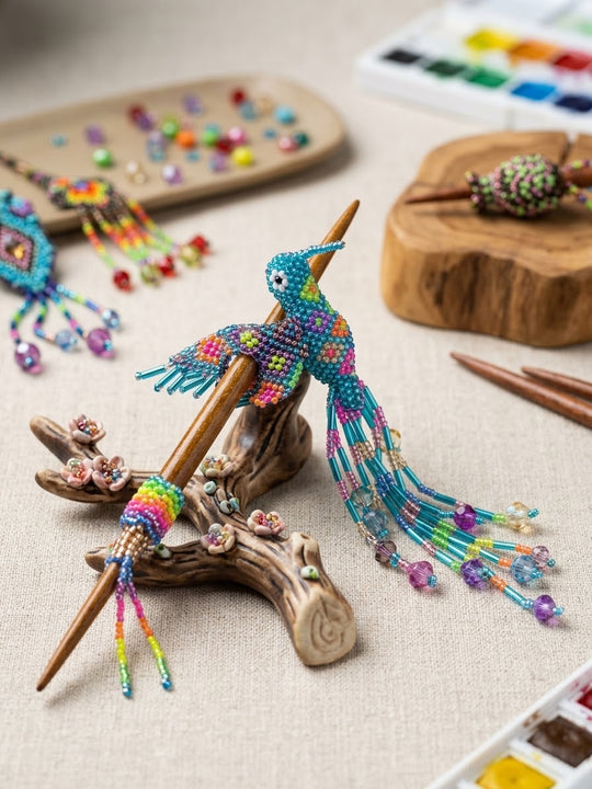 Blue Hummingbird Beaded Hair Stick