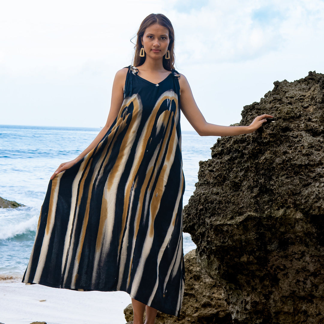 Bold Abstract Tie Dye Long Dress In Grey & Gold