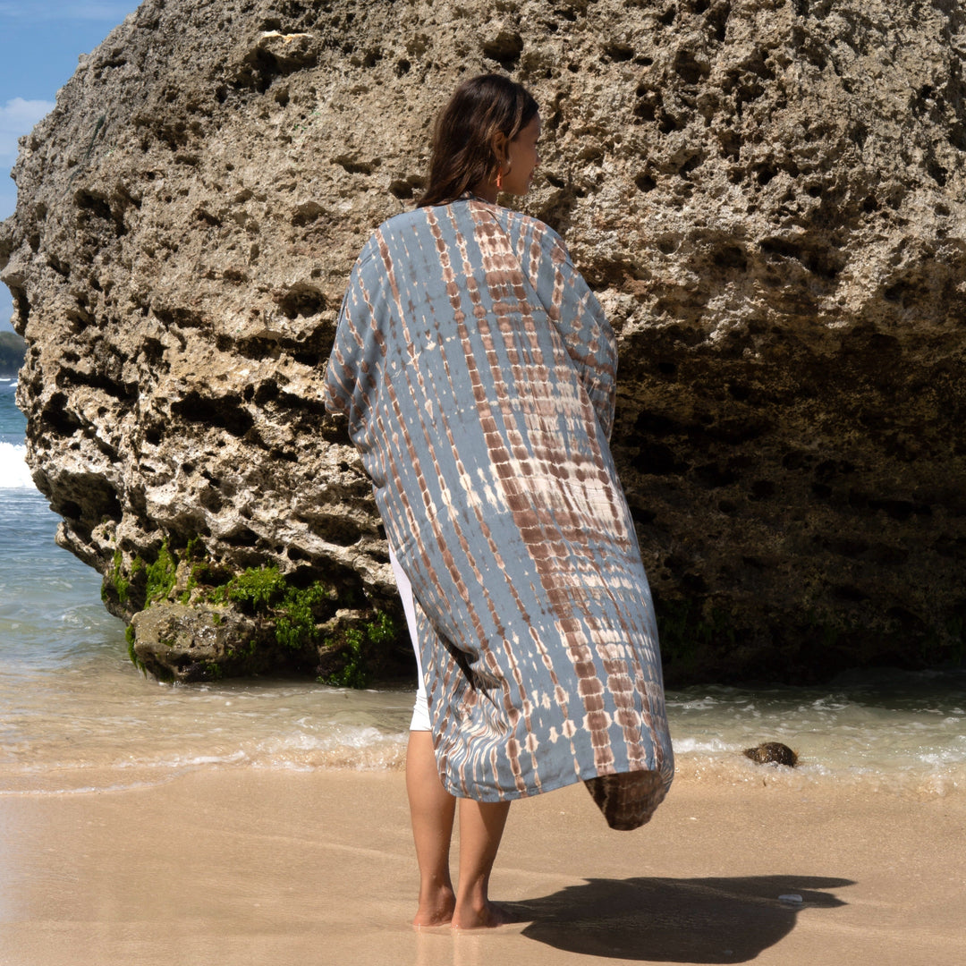 Long Kimono In Tan & Grey Tie Dye