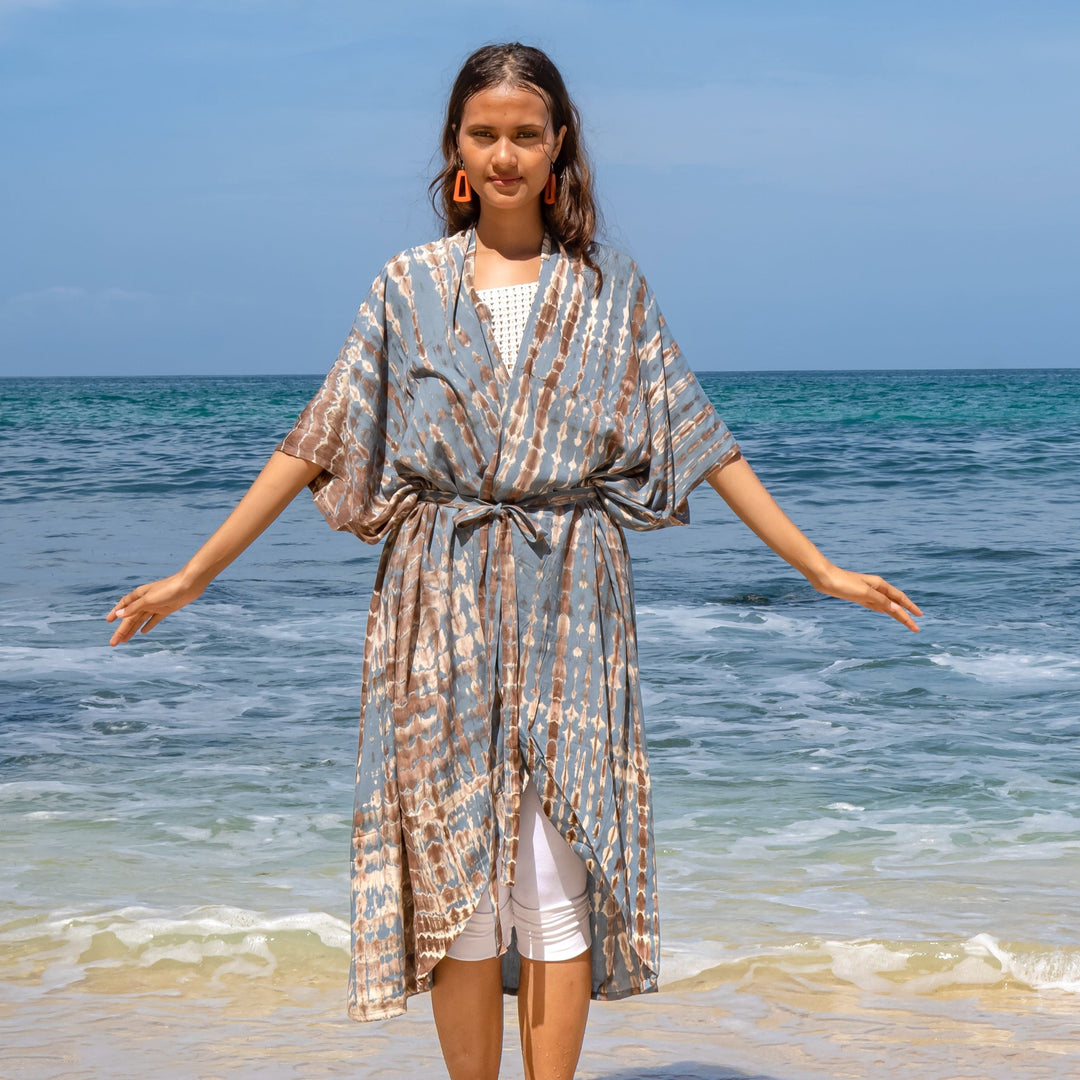 Long Kimono In Tan & Grey Tie Dye