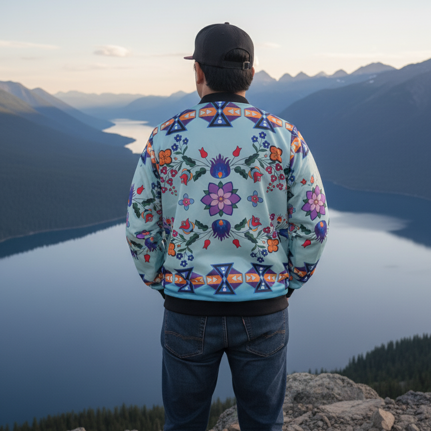 Light Turquoise Floral Sky Bomber Jacket