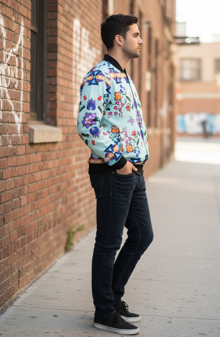 Light Turquoise Floral Sky Bomber Jacket