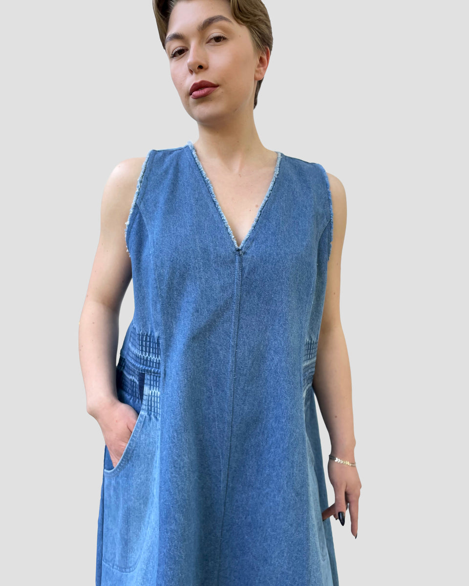 Upcycled Denim V-Neck Dress M-L / Denim Blue / Denim Upcycled Denim V-Neck Dress M-L / Denim Blue / Denim