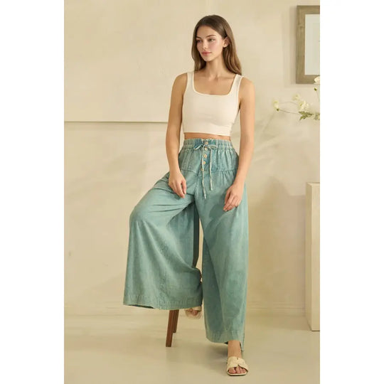 Mineral Washed Pintuck Wide Leg Pants in Bamboo/Linen Blend