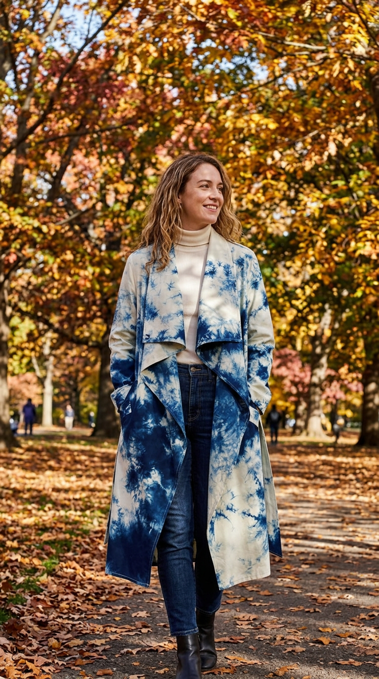 Cream & Indigo Wool Waterfall Coat w/Organic Indigo Splashes