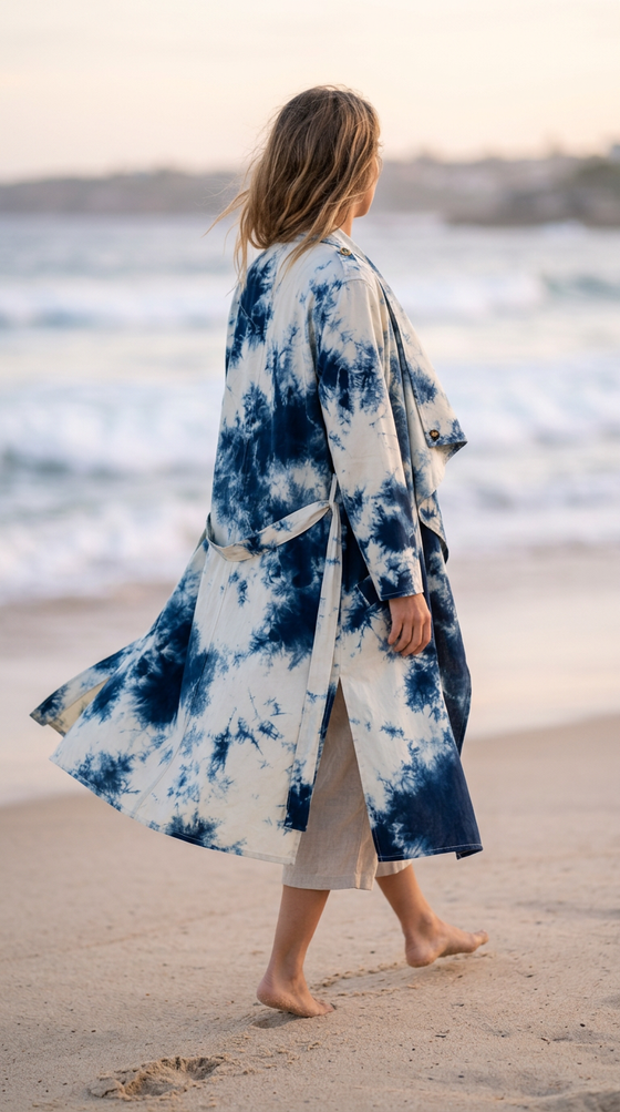 Cream & Indigo Wool Waterfall Coat w/Organic Indigo Splashes