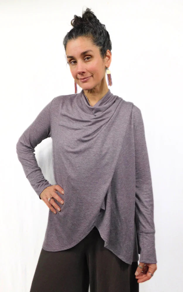 Tencel Merino Wool Fitted Short Cardigan Wrap - Heather Eggplant