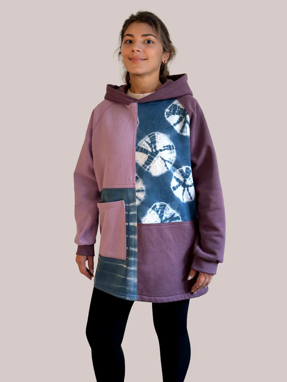 Hooded Patchwork 100% Cotton Fleece - Sweatshirt Dress in Plum