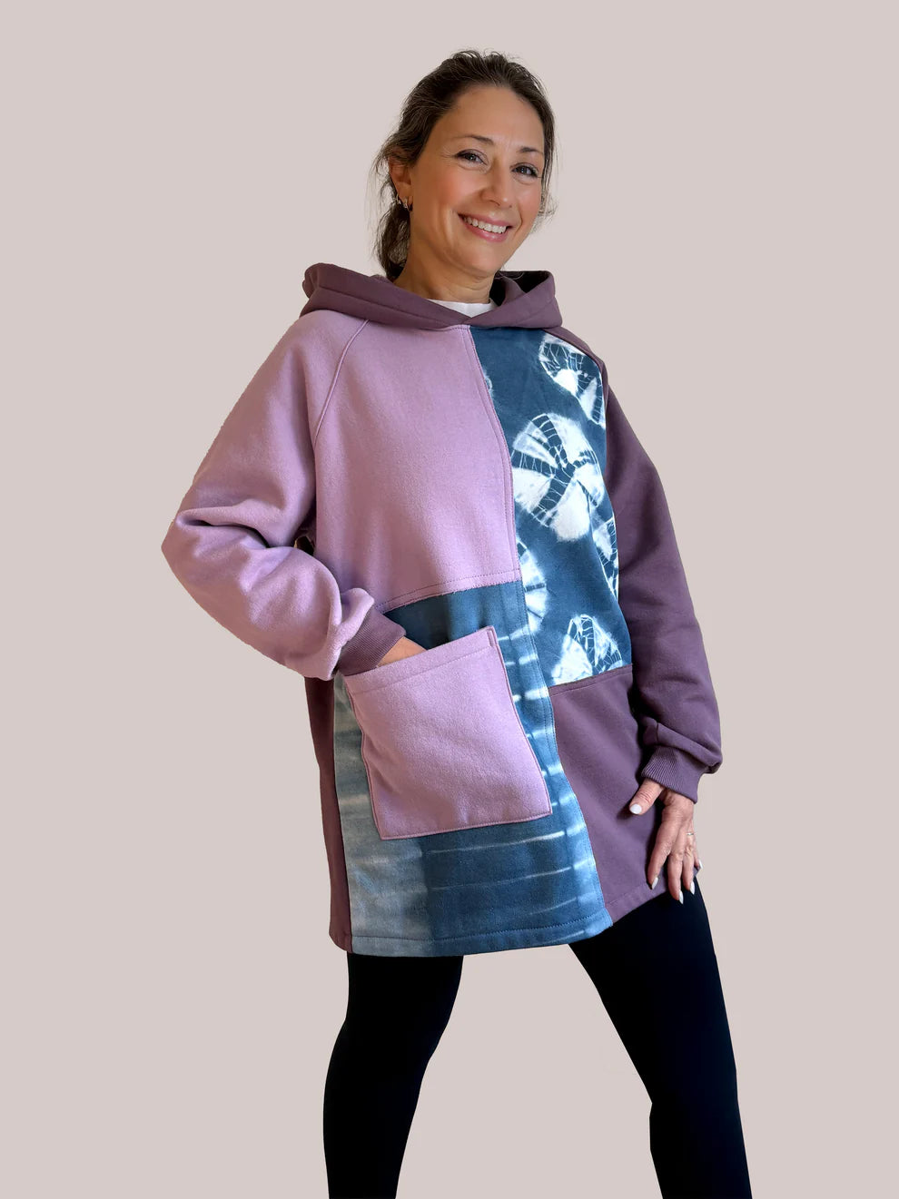 Hooded Patchwork 100% Cotton Fleece - Sweatshirt Dress in Plum