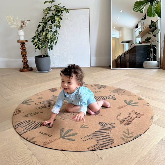 Jungle Adventure Round Baby Cork Mat | Play, Yoga &amp; Stretch | 47" dia