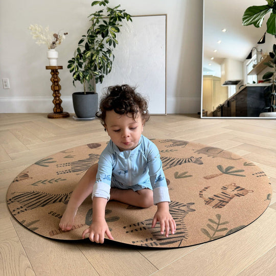 Jungle Adventure Round Baby Cork Mat | Play, Yoga &amp; Stretch | 47" dia