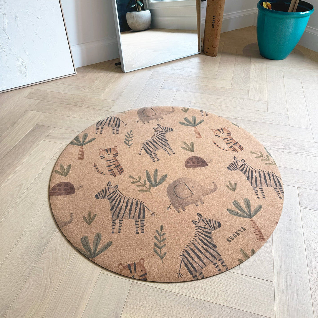 Jungle Adventure Round Baby Cork Mat | Play, Yoga &amp; Stretch | 47" dia