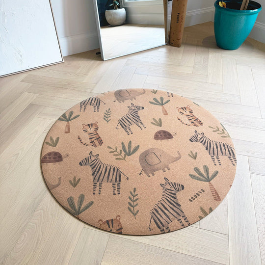 Jungle Adventure Round Baby Cork Mat | Play, Yoga &amp; Stretch | 47" dia