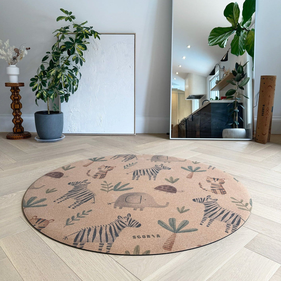 Jungle Adventure Round Baby Cork Mat | Play, Yoga &amp; Stretch | 47" dia
